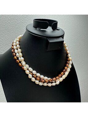 Set of 3 Baroque Pearl Necklaces Sterling Silver Clasps Brown Ivory 18" Classic